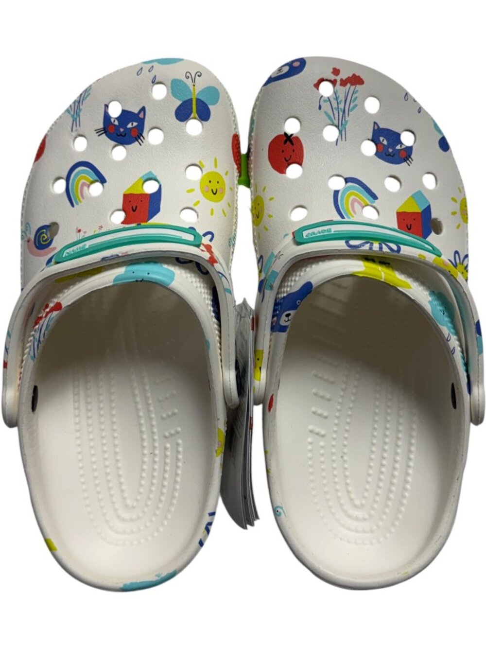 Crocs Youth Classic Doodle Print Clogs White Multi Size J3 Kids Brand New w/Tag